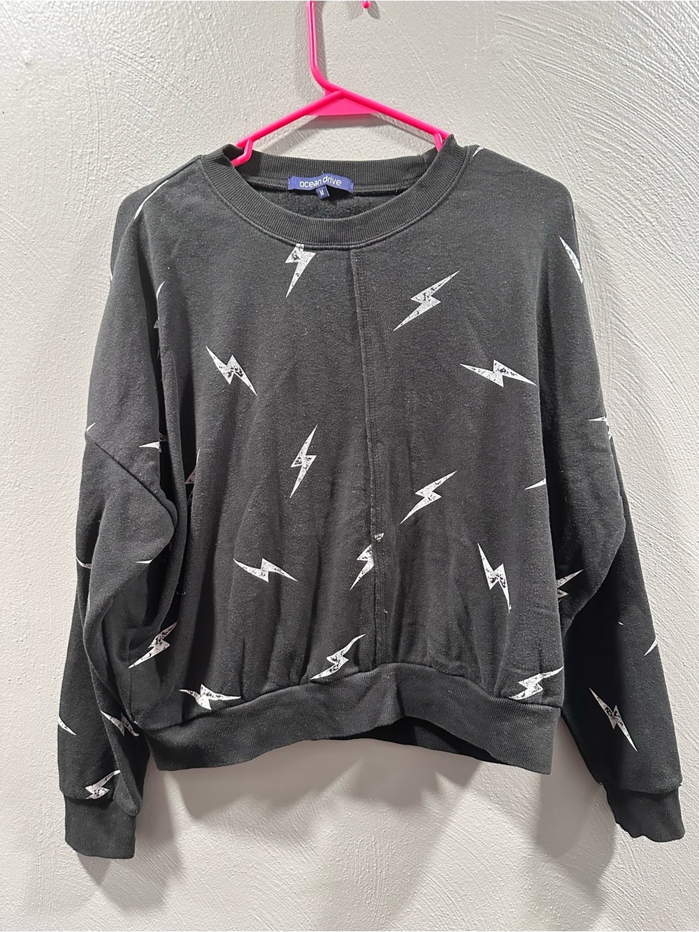 Ocean Drive Black Crewneck Sweater with White Lightning Bolts